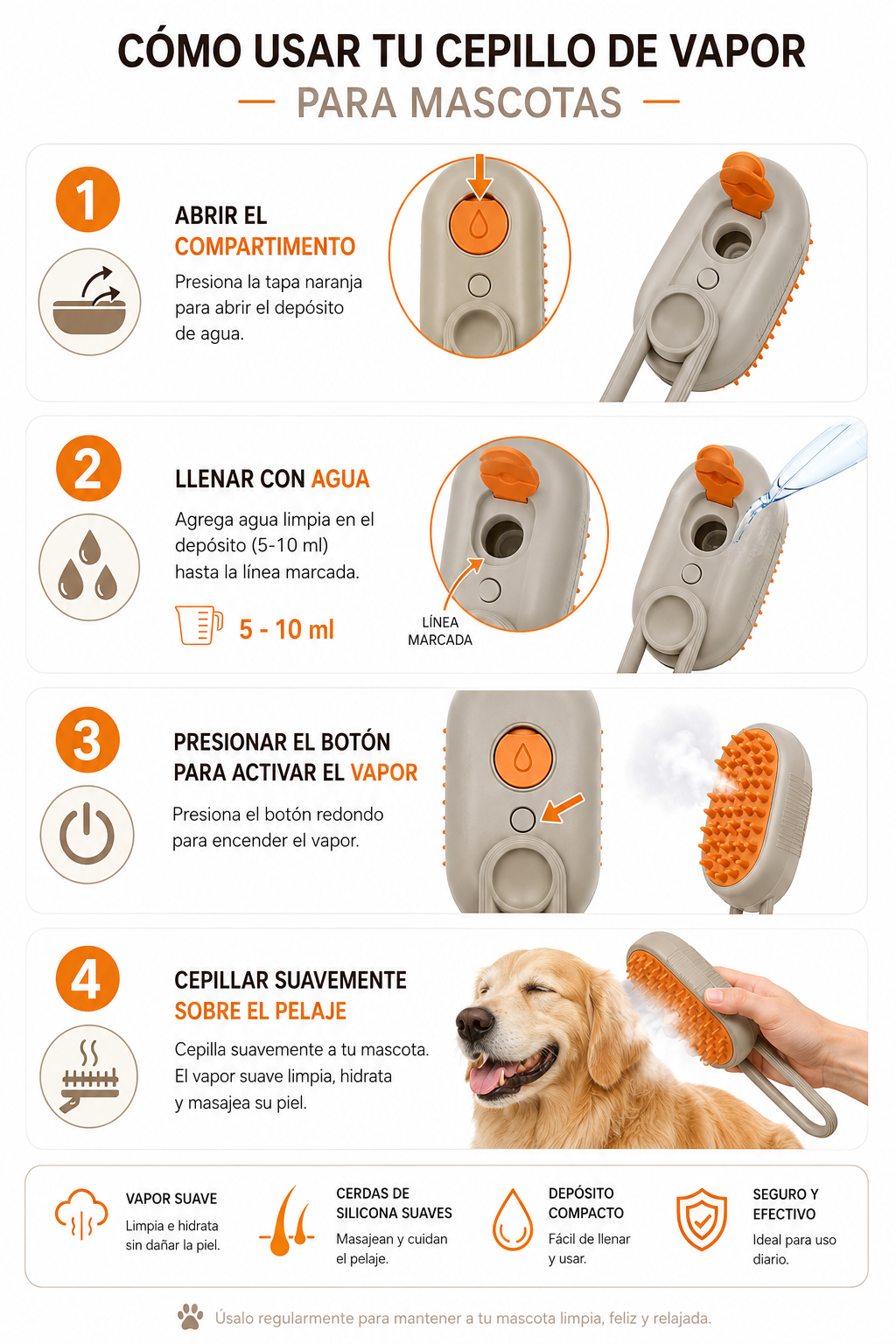 Cepillo Vapor Con Agarradera para Mascotas